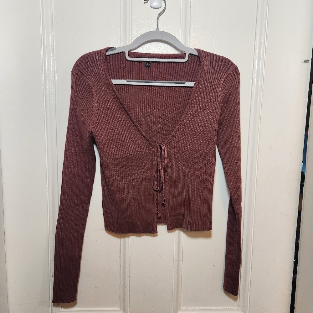 Ribbed tie front brown cardigan